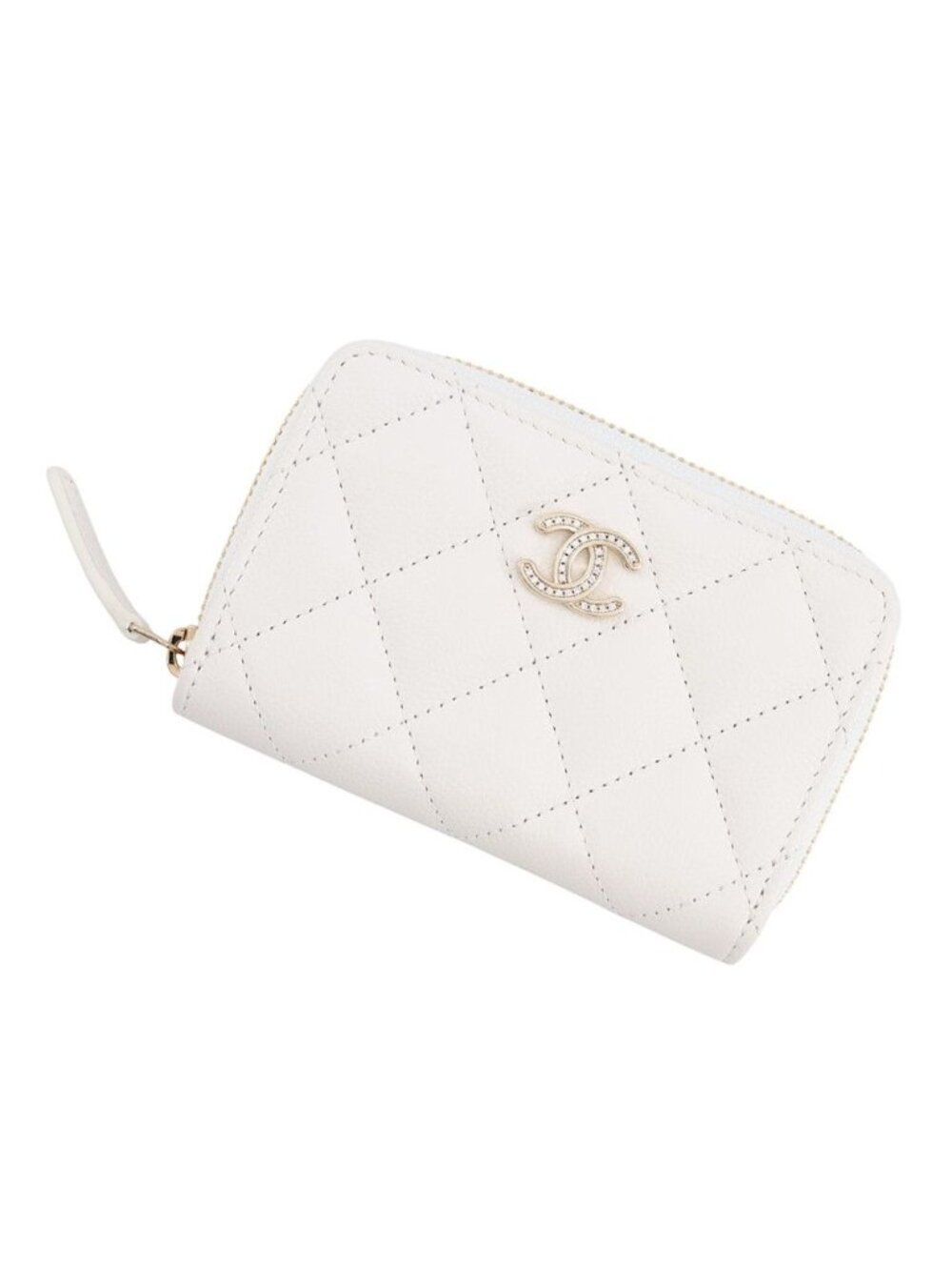 Chanel Coin Purse Rhinestone Quilted CC Logo Classic Zip Caviar Leather White